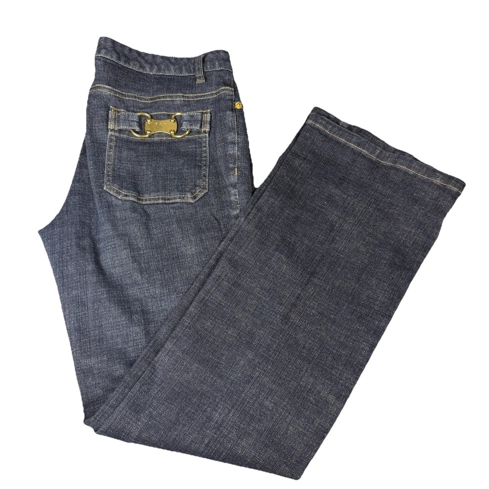 Michael Kors Bootcut 8 Dark Wash‎ Denim Jeans Pockets Gold Buckle Pants